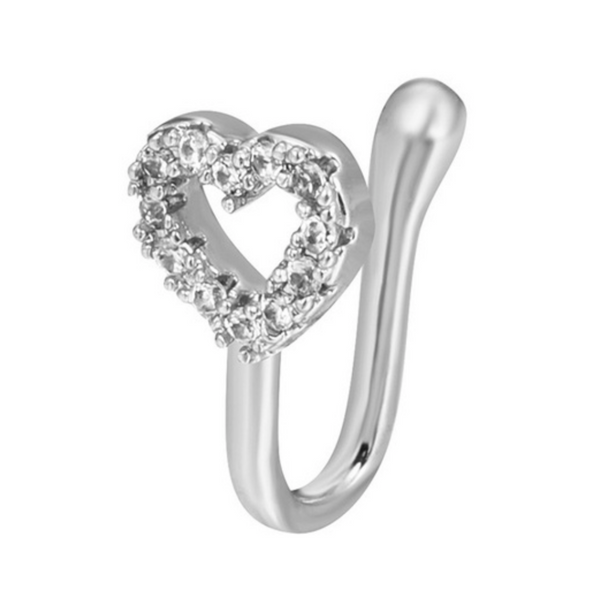 Fake Neuspiercing Zilver - Hartje met Diamantjes - Nep Neuspiercing Sieraad - Neusring - Nep Piercing Neus Ringetje - Metaal