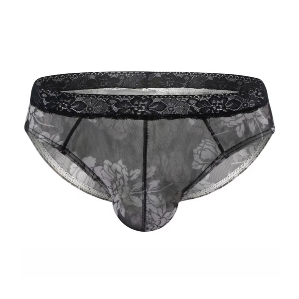 Heren Slip Doorzichtig met Bloemen - Mesh Slip Gebloemd Zwart & Wit - Sexy Transparant Design - Mannen Onderbroek - Lingerie Voor Mannen - Ondergoed Maat XL