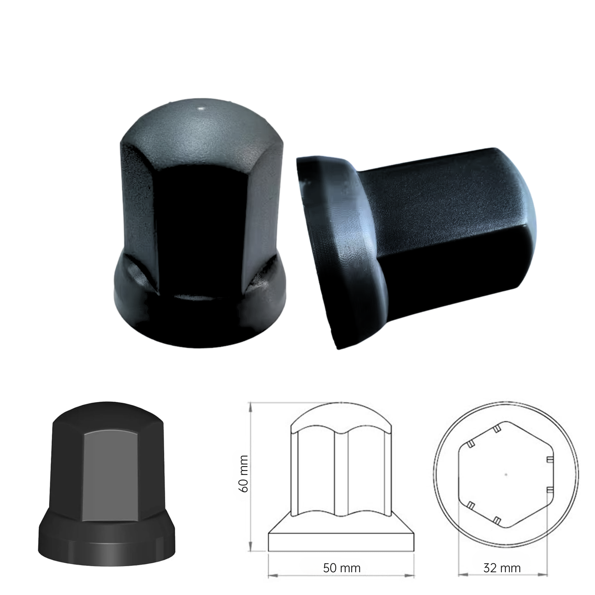 Vrachtwagen Wielmoerdoppen Zwart - 100 Stuks - 60 mm x 32 mm - Kunststof - Wiel Moer Cover Caps - Bescherming Voor Wielmoeren - Wieldoppen - Geschikt Voor Vrachtwagen / Trucks / Aanhanger / Bus / Trailer - Voertuig accessoires