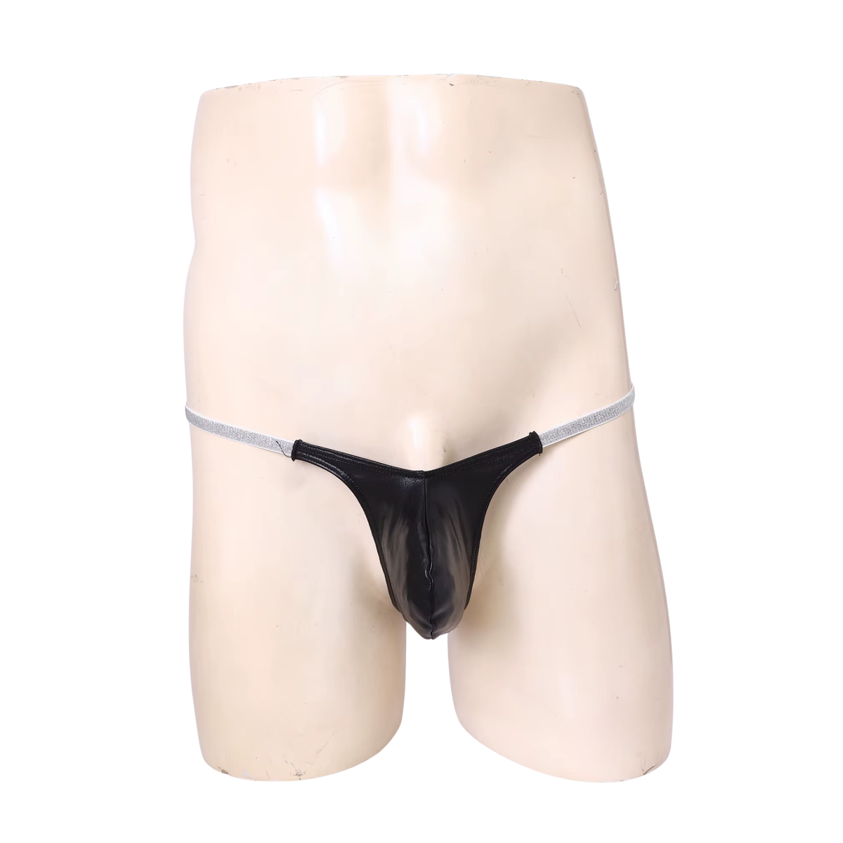 Heren Glanzende G-String – Zwart - Sexy Pouch Ondergoed - Mini String - Smalle Zilveren Bandjes - Lage Taille & Hoge Elasticiteit – Ondergoed / Onderbroek / Slip - Mannen Lingerie - One Size