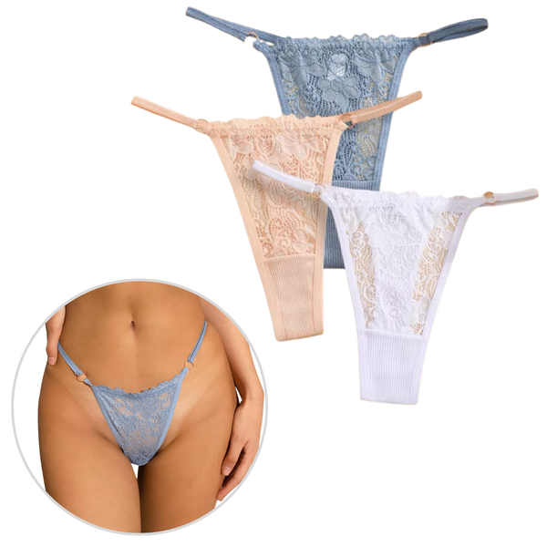 3 Pack - Dames String Met Kant - Nude, Wit, Blauw - 95% Katoen - Onderbroek Met Kanten Design - Dames Lingerie / Ondergoed Set - Maat M