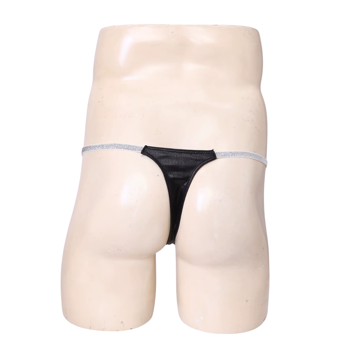 Heren Glanzende G-String – Zwart - Sexy Pouch Ondergoed - Mini String - Smalle Zilveren Bandjes - Lage Taille & Hoge Elasticiteit – Ondergoed / Onderbroek / Slip - Mannen Lingerie - One Size