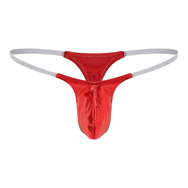 Heren Glanzende G-String – Rood - Sexy Pouch Ondergoed - Mini String - Smalle Zilveren Bandjes - Lage Taille & Hoge Elasticiteit – Ondergoed / Onderbroek / Slip - Mannen Lingerie - One Size