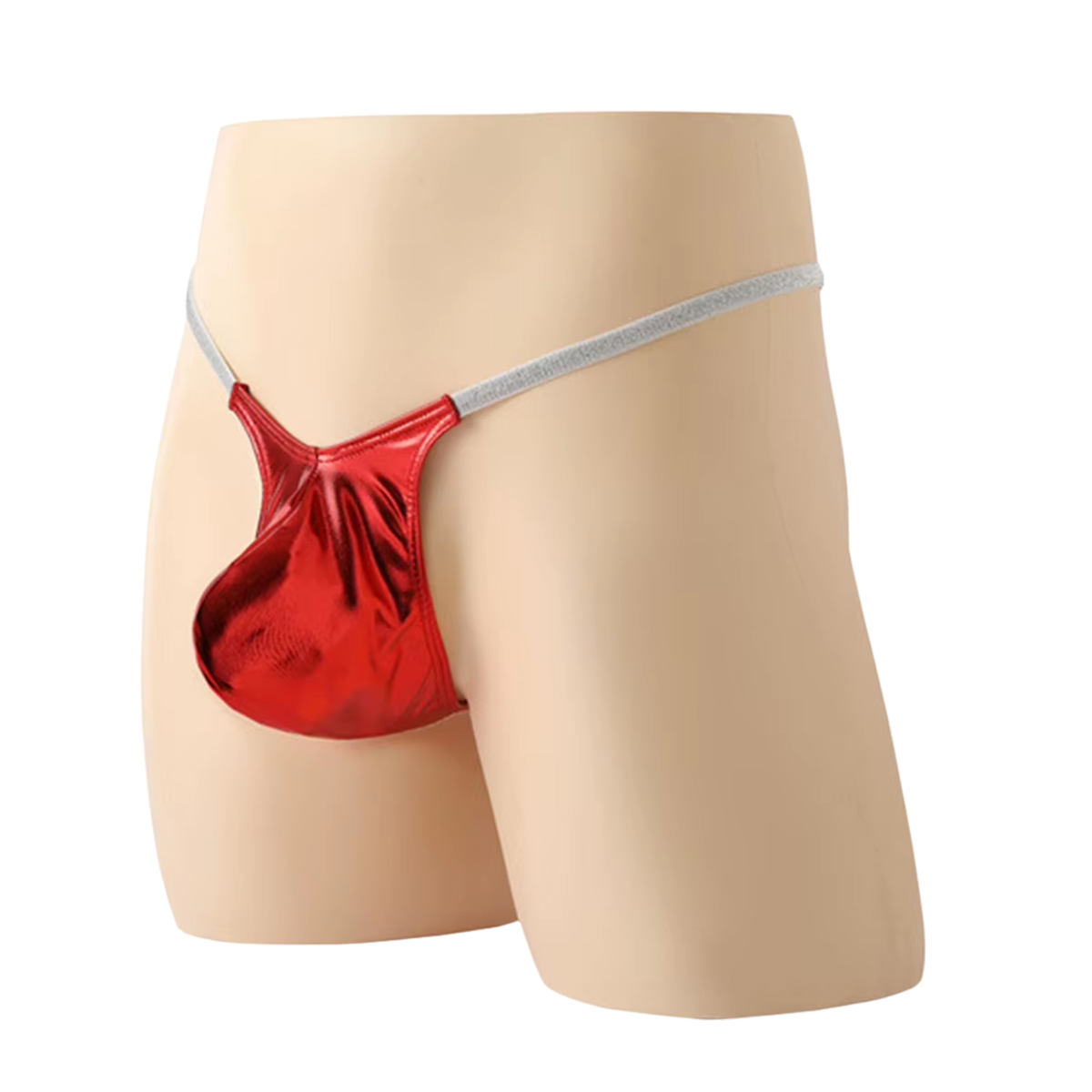 Heren Glanzende G-String – Rood - Sexy Pouch Ondergoed - Mini String - Smalle Zilveren Bandjes - Lage Taille & Hoge Elasticiteit – Ondergoed / Onderbroek / Slip - Mannen Lingerie - One Size