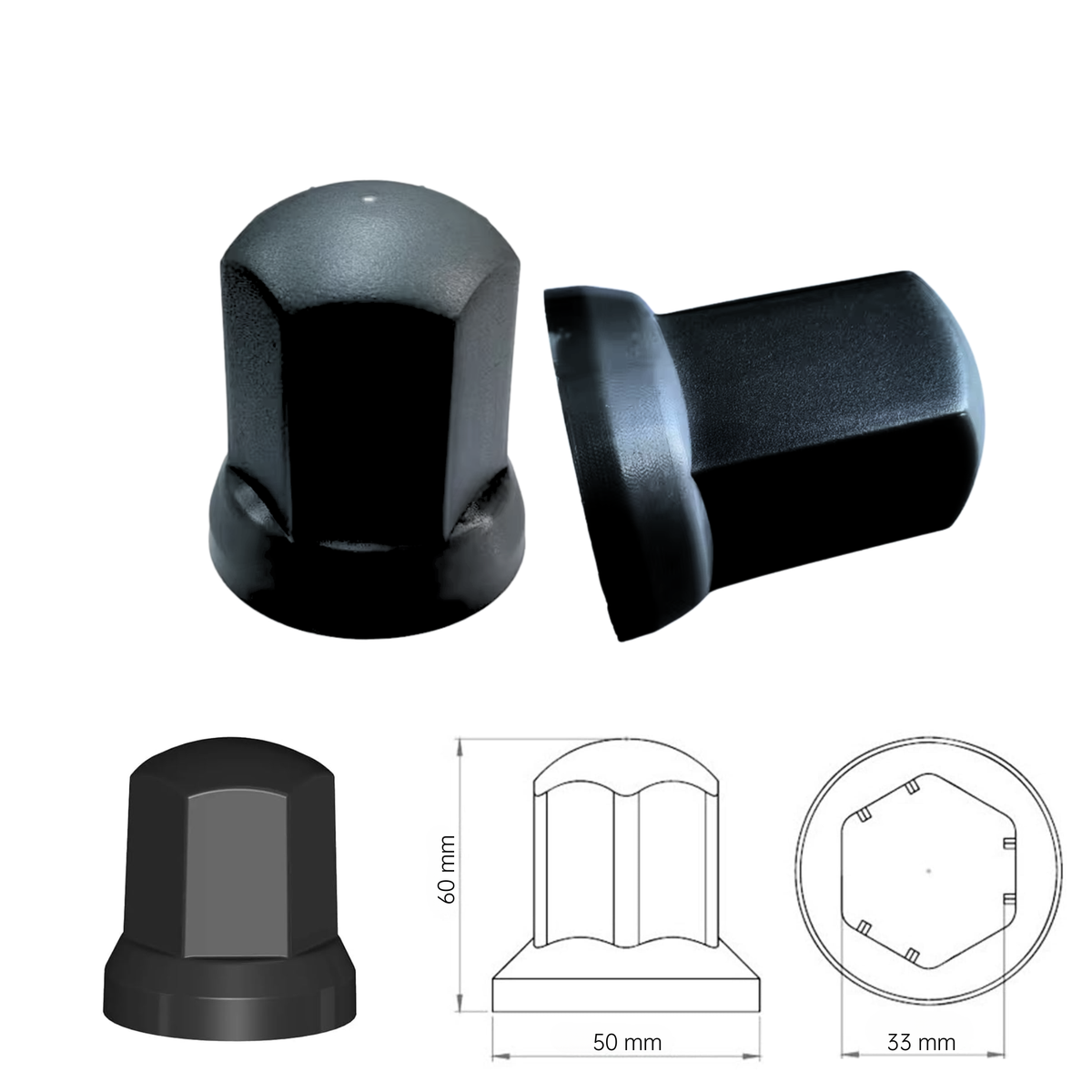 Vrachtwagen Wielmoerdoppen Zwart - 100 Stuks - 60 mm x 33 mm - Kunststof - Wiel Moer Cover Caps - Bescherming Voor Wielmoeren - Wieldoppen - Geschikt Voor Vrachtwagen / Trucks / Aanhanger / Bus / Trailer - Voertuig accessoires