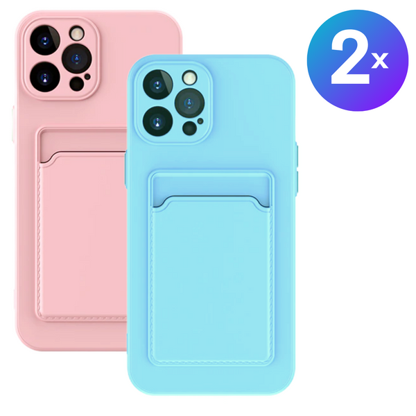 Set van 2 - Stevig TPU Hoesje - Geschikt voor Apple iPhone 15 Pro  - Met Kaarthouder - Roze & Lichtblauw  - Shockproof Case met Pasjeshouder - TPU Hoes Met Vakje Voor Pasje - Card Case Back Cover
