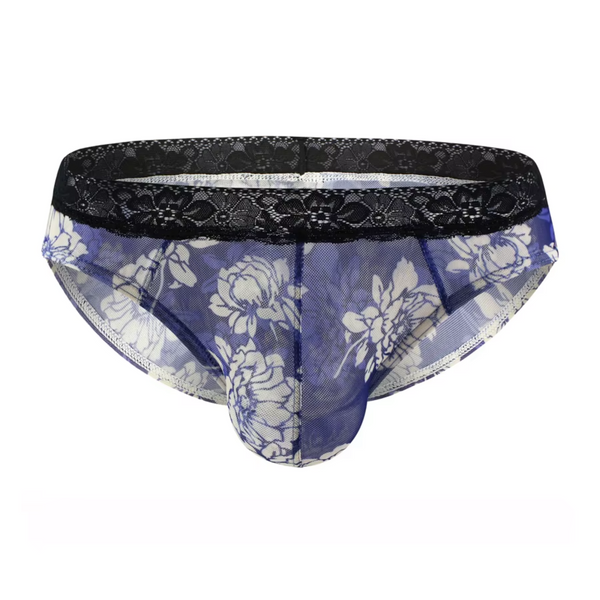 Heren Slip Doorzichtig met Bloemen - Mesh Slip Gebloemd Blauw & Wit - Sexy Transparant Design - Mannen Onderbroek - Lingerie Voor Mannen - Ondergoed Maat XXL / 2XL