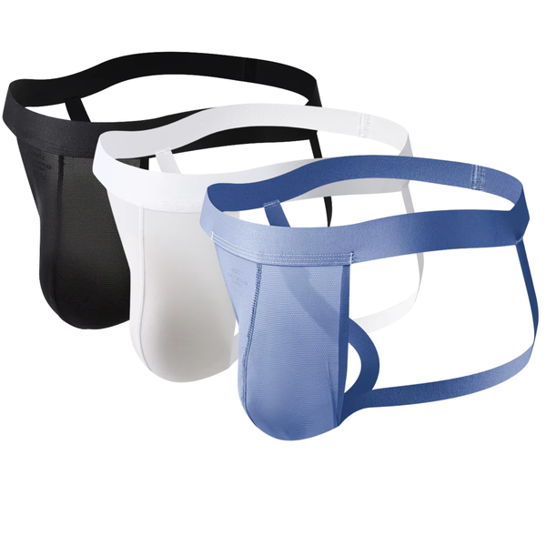 3 Pack - Heren String Transparant - Jockstrap Doorzichtig Zwart Wit Blauw - Sexy Design - Zacht en Comfortabel - Mannen Onderbroek - Lingerie Voor Mannen - Maat L