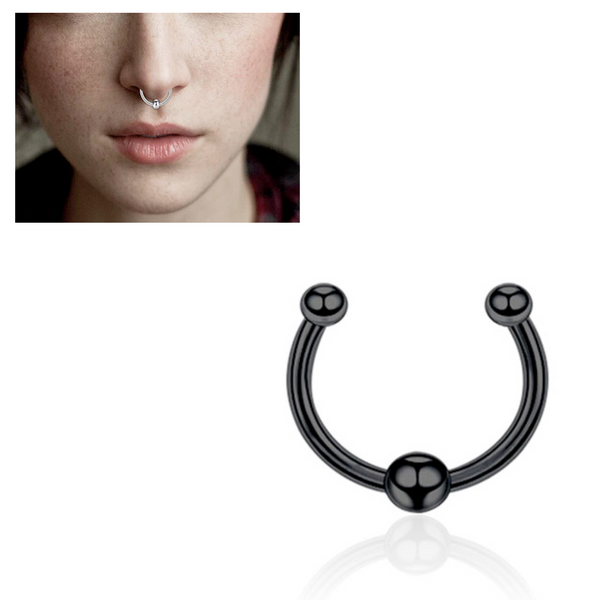 Fake Neuspiercing Zwart - Nep Neuspiercing Septum met Bolletje - Neusring - Nep Piercing Ringetje - RVS Roestvrij Staal - 8 mm