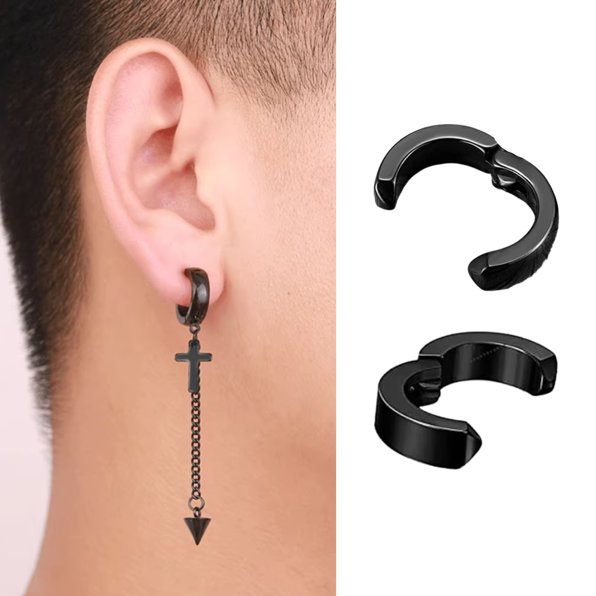 Set van 5 Paar - Fake Oorbellen Zwart - Stainless Steel - Nep Piercing - Klem Oorbellen Oorpiercing - Nep Helix - Spikes & Kruis - Metaal