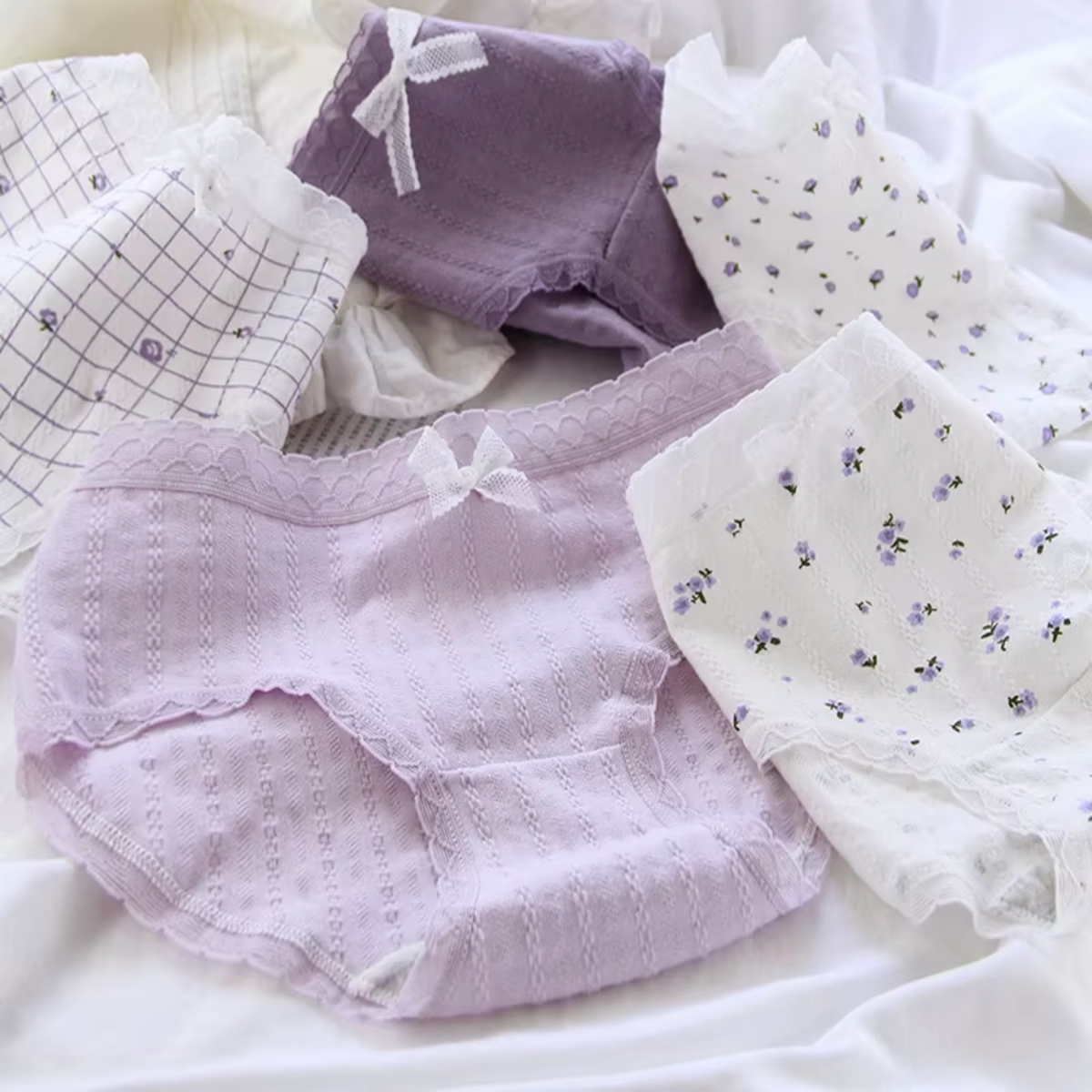 5 Pack - Schattige Dames Slip - Paars & Wit - Bloemetjes Design - Kant met Strikje - Kawaii - Onderbroek 95% Katoen - Cute Dames Lingerie / Ondergoed Set - Maat L