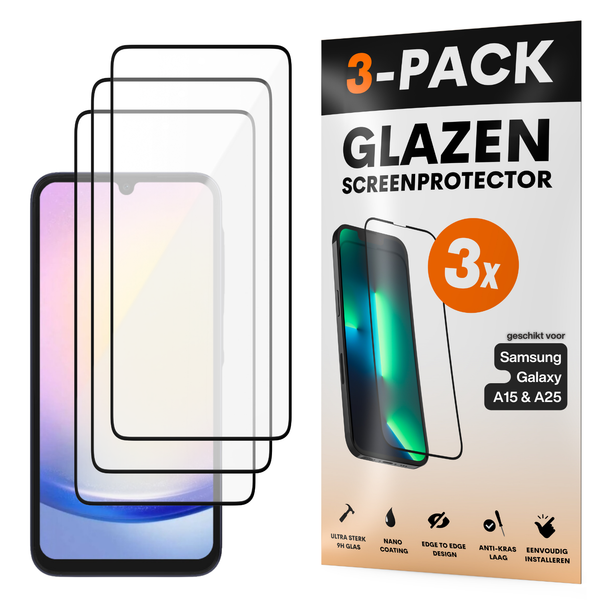 Screenprotector - Geschikt voor Samsung Galaxy A15 / A25 - Gehard Glas - Full Cover Tempered Glass - Case Friendly - 3 Pack