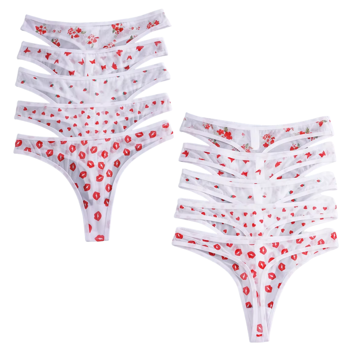 5 Pack - Transparante Strings Van Mesh – Rode Patroontjes - Sexy Doorschijnend Dames Ondergoed - Wit & Rood - Comfortabel en Sexy - Onderbroeken / Slips Voor Vrouwen - Maat S