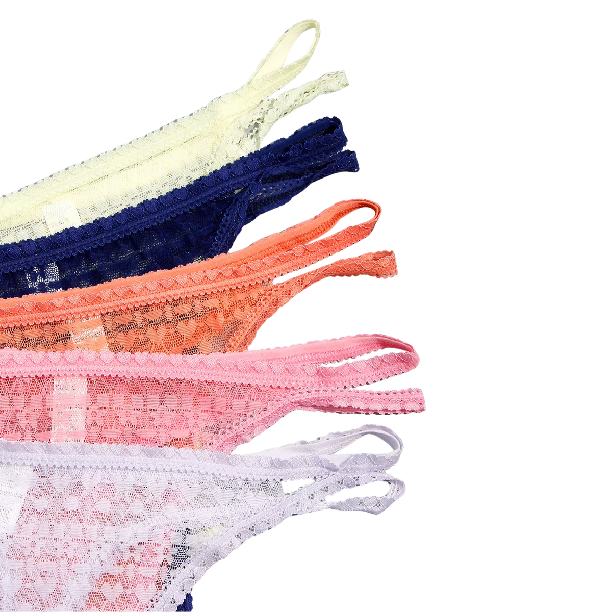 5 Pack Transparante Strings Van Kant – Sexy Kanten Dames Ondergoed - Geel, Lila, Roze, Oranje en Blauw - Transparant, Comfortabel en Sexy - Onderbroeken / Slips Voor Vrouwen - Maat XL