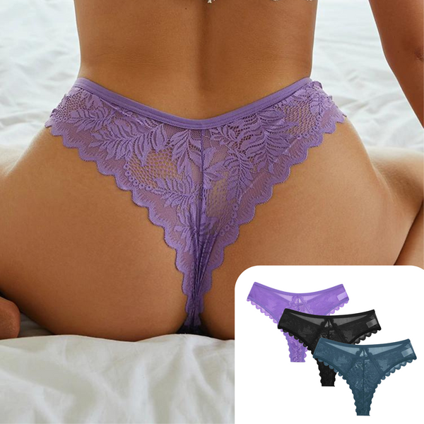 3 Pack - Sexy Brazilian Dames String - Kant - Paars, Zwart en Groen - Dames Lingerie / Ondergoed Set - Maat XL