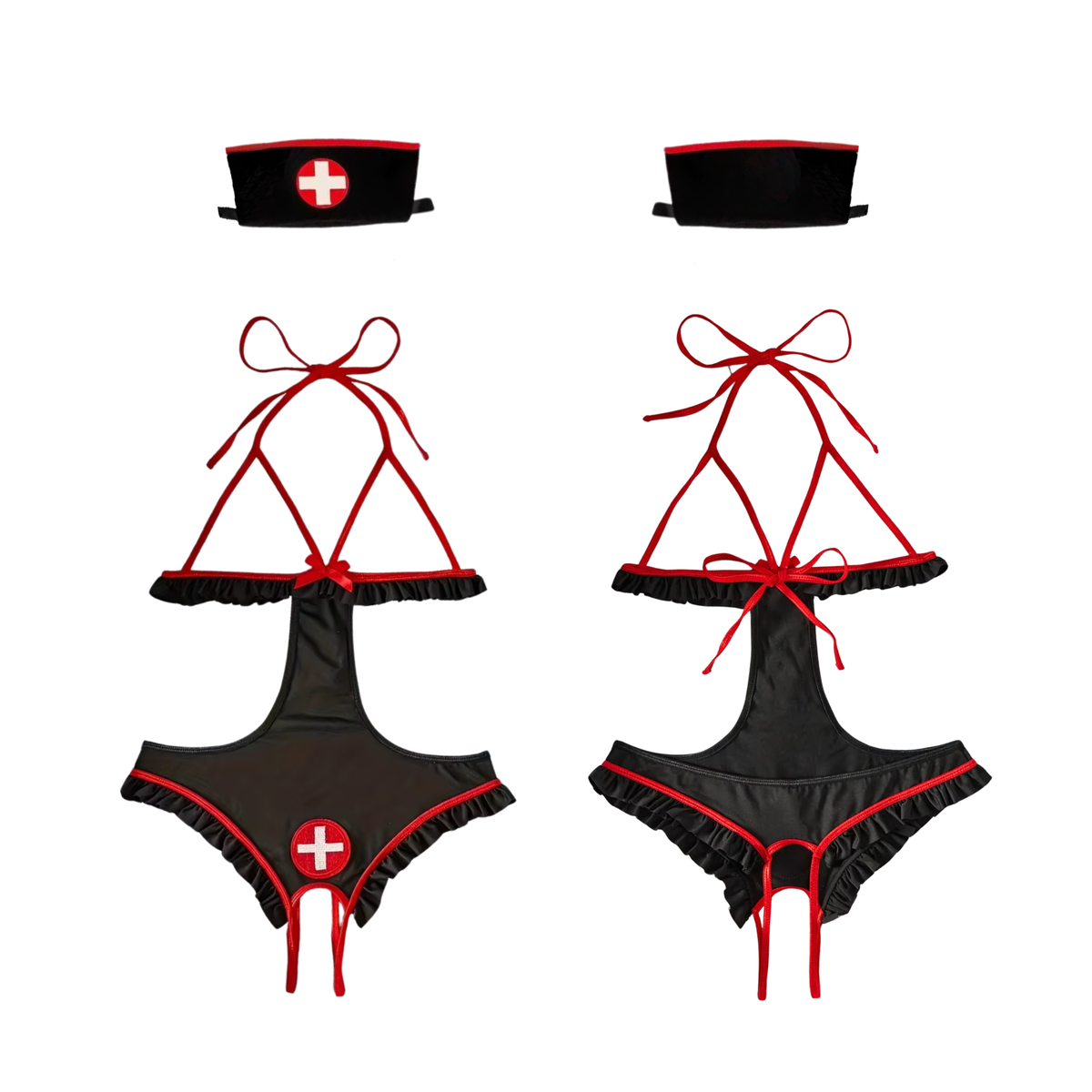 Sexy Verpleegster Lingerie Pakje - 2-delig Zwart Verkleedpakje - Body & Haarband - Zuster Kostuum - Dokter Rollenspel / Cosplay - Open Kruis Lingerie Ondergoed voor Dames - Maat M
