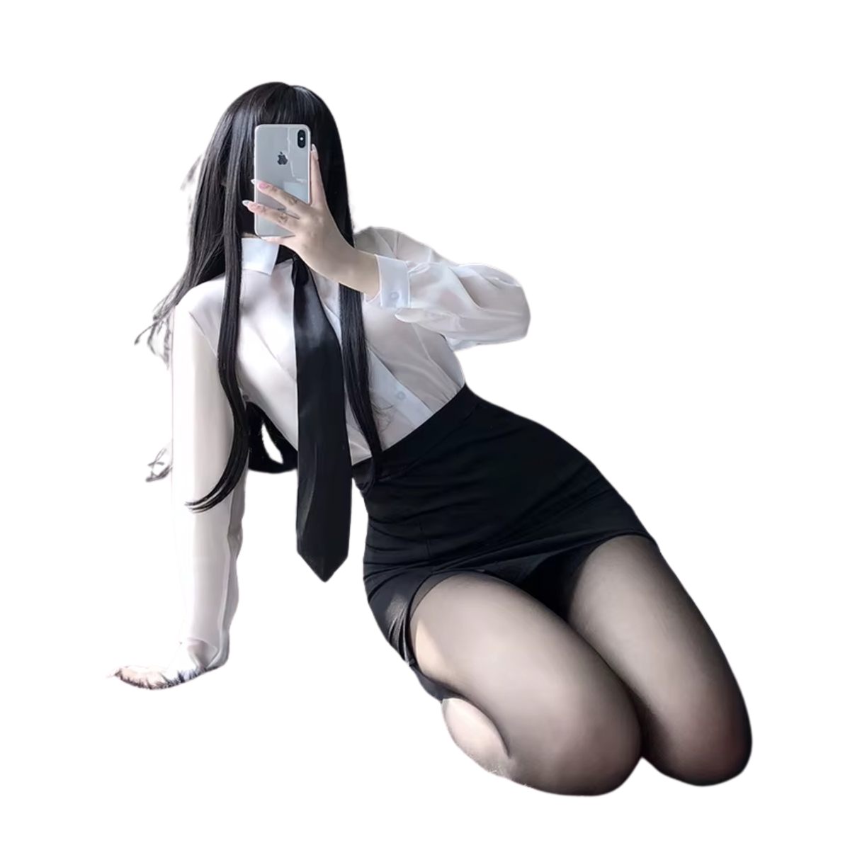 Sexy Secretaresse Kostuum - 4-delig Zwart-Wit Verkleedpakje - Blouse, Stropdas, Rok en String - Secretaresse / CEO / Baas / Docent / Lerares - Rollenspel / Cosplay - Lingerie Ondergoed voor Dames - Maat S/M