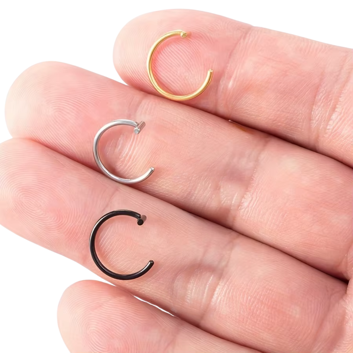 Set Van 3 Fake Piercings - Goud, Zilver en Zwart - Stainless Steel - Lippiercing / Neuspiercing / Oorpiercing - Neusring - Nep Piercing Ring - Verkleedaccessoires - 10mm