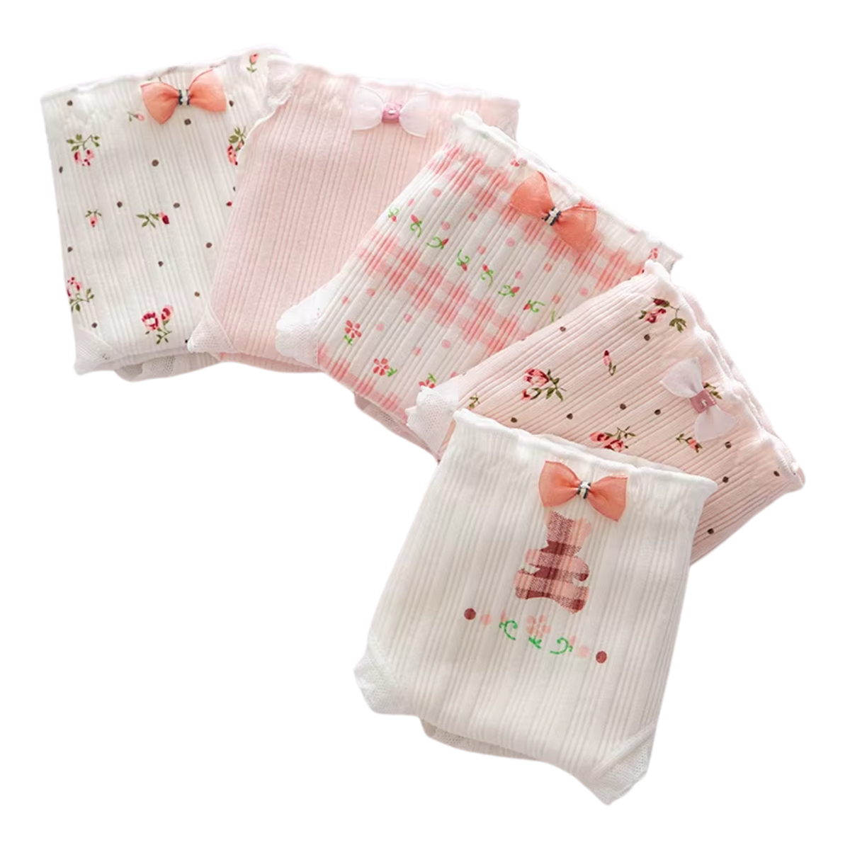 5 Pack - Schattige Dames Slip - Roze & Wit - Bloemetjes en Teddybeer Design - Kant met Strikje - Kawaii - Onderbroek 95% Katoen - Cute Dames Lingerie / Ondergoed Set - Maat XL