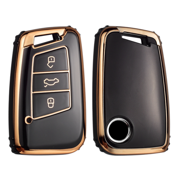 Zachte TPU Sleutelcover - Zwart & Goud - Sleutelhoesje Geschikt voor Volkswagen Passat / Arteon / Skoda Kodiaq / Superb / Seat - Sleutel Hoesje Cover - Auto Accessoires