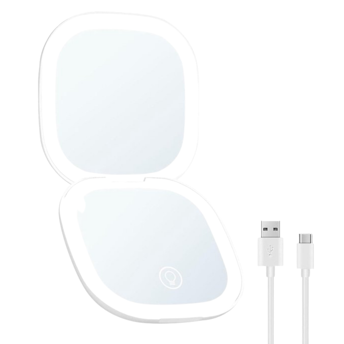 Set Van 2 Compacte Make-up Spiegeltjes Met LED-Verlichting Voor In De Handtas / Toillettas - Ideaal Voor Onderweg - Handzaam Formaat - Inclusief LED Verlichting - Oplaadbaar met USB Kabel- Wit