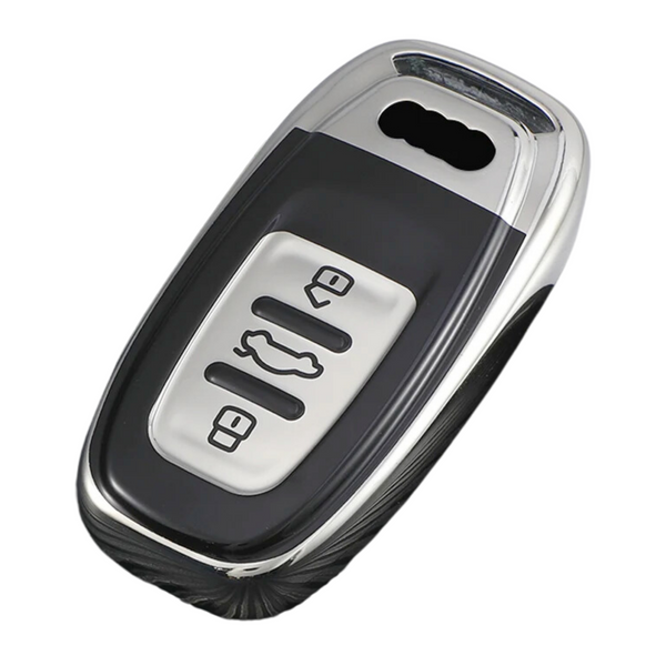 Zachte TPU Sleutelcover - Sleutelhoesje Geschikt voor Audi A1 / A3 / / A4 / A5 / A6 / A7 / A8 / Q3 / Q5 / Q7 / S5 / S6 - Metallic Zilver Chroom met Zwart - Sleutel Hoesje Cover - Auto Accessoires