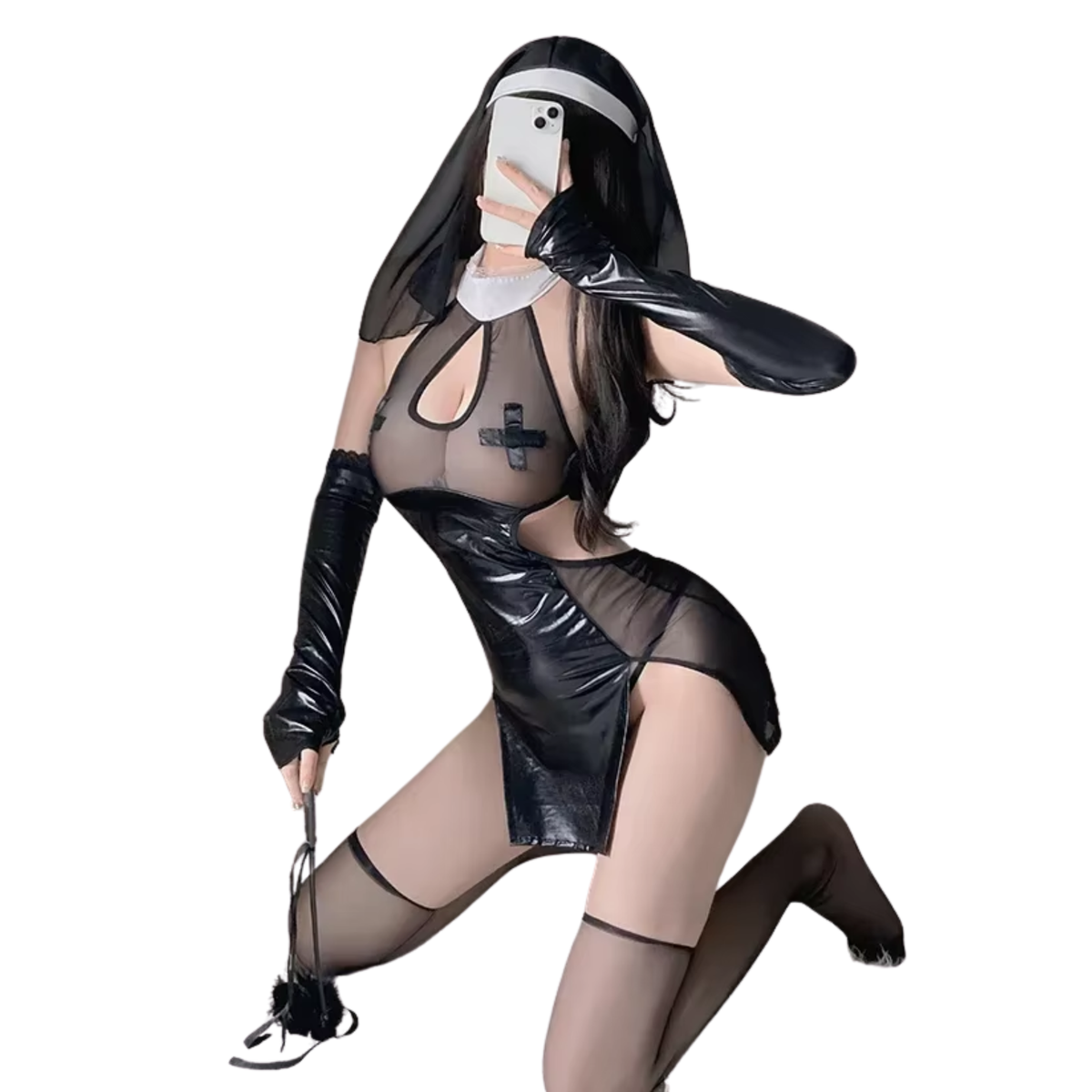 Sexy Nonnen Pakje - 3-Delig Non/Zuster Kostuum Rollenspel - Cosplay & Roleplay - Anime - Latex-look - Jurk, Sluier en Handschoenen - Zwart - XL