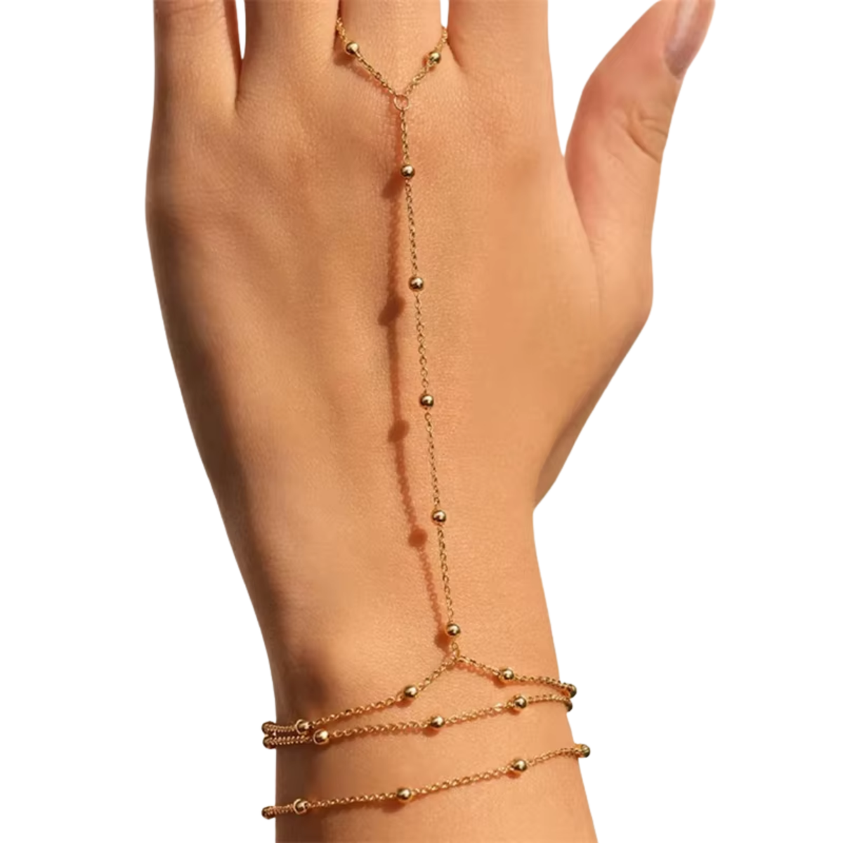 Handketting - Goud - Ketting Met Bolletjes - Dubbele Armband - Handsierraad Goudkleurig - Armband & Ring Dames - Hand Sierraad Ketting