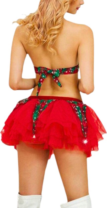 Kerst Setje Dames - Sexy Kerst Elfje - 4 Delig met Topje, Rok, Muts en Strikje - Rood Groen - Kerst Lingerie - Erotische Kerst Outfit - Kerstvrouw - Kant - Maat L