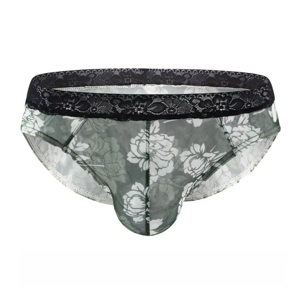 Heren Slip Doorzichtig met Bloemen - Mesh Slip Gebloemd Groen & Wit - Sexy Transparant Design - Mannen Onderbroek - Lingerie Voor Mannen - Ondergoed Maat XXL / 2XL