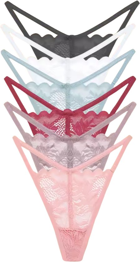 6 Pack Kanten Strings – Zachte, Sexy & Comfortabele Lingerie – Dames Ondergoed - Onderbroeken en Slips Voor Vrouwen - Zwart / Wit / Groen / Rood / Taupe / Roze - Maat XL
