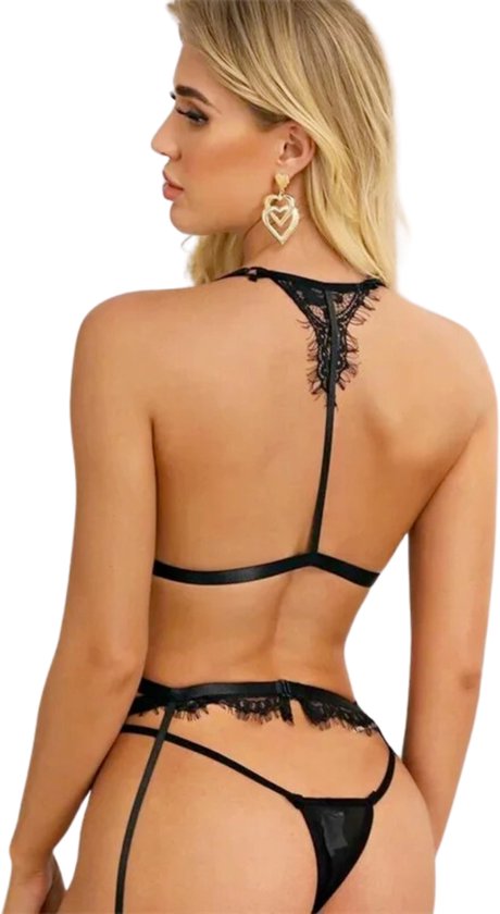 Sexy Lingerieset van Kant - 3 Delig - Bralette, String & Jarretelgordel - Zwart - Dames Lingerie - Lingerie / Ondergoed - Maat XL