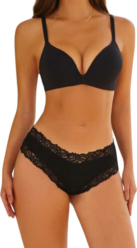 Sexy Dames Slip met Kant - Zwart - Onderbroek 95% Katoen - Dames Lingerie / Ondergoed - Brazilian String - Maat L