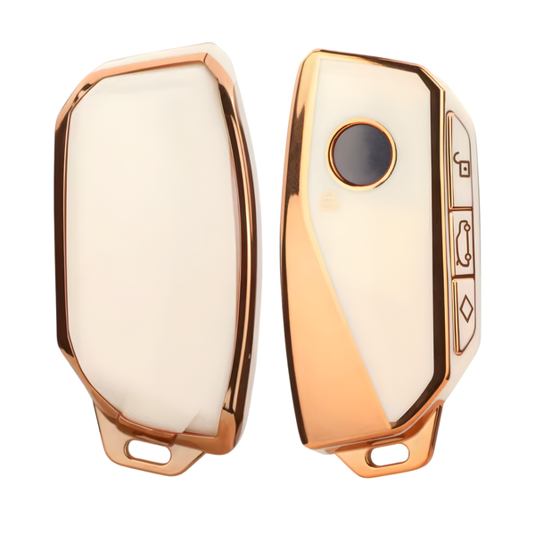 Zachte TPU Sleutelcover - Sleutelhoesje Geschikt voor BMW i7 / X7 / G07 / LCI / iX / U11 / 7 Serie / G70 / G09 / XM / U06 / G81 / M3 / 2023 - Goud met wit - Key Cover - Auto Accessoires