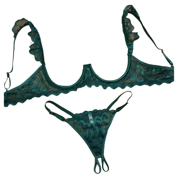 Sexy Dames Lingerieset – Groen – Tweedelige Lingerie Set - Open BH - String Met Open Kruis - Met Verstelbare Bandjes - Ondergoed Voor Vrouwen - Maat XL