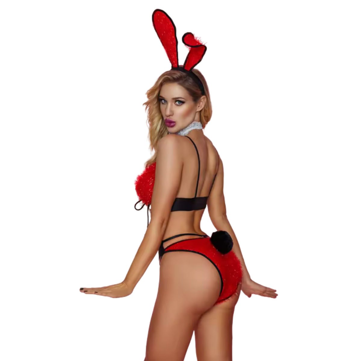Sexy Bunny Pakje - 4 Delig Konijnen Kostuum - Zwart & Rood - Rollenspel / Cosplay / Roleplay / Anime - Bralette, Haarband, Kraag En Slip - One Size