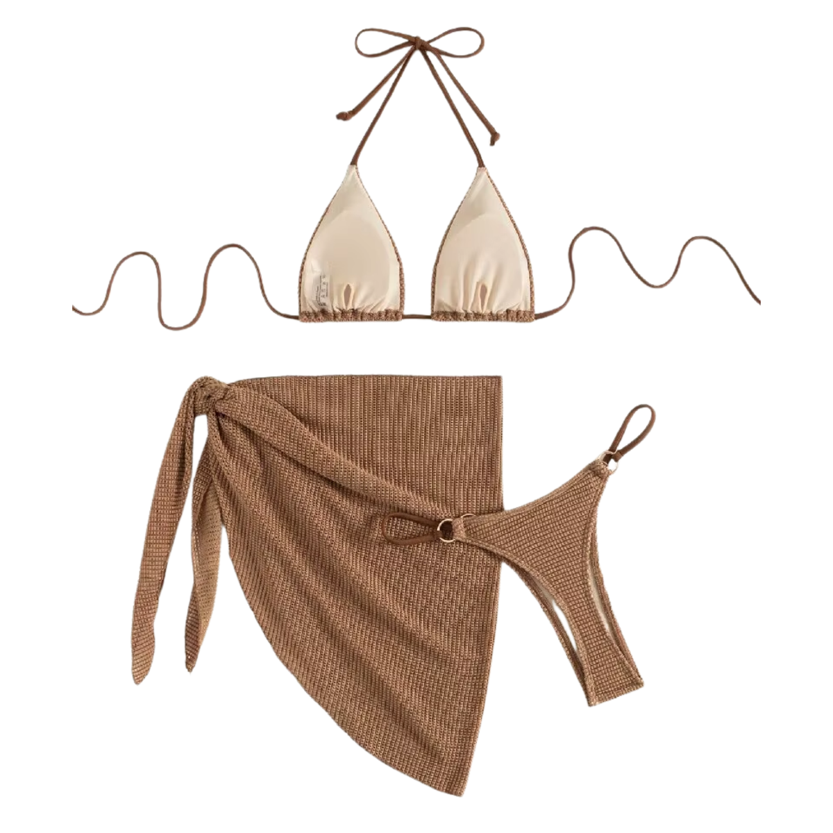Dames Bikini Set 3 Delig – Beige Bruin - Badkleding / Strandkleding – Driedelige Bikini Set - Halter Bikinitop Zonder Beugel, Bikinislip, Omslagdoek Rok - Vrouwen & Dames - Maat L