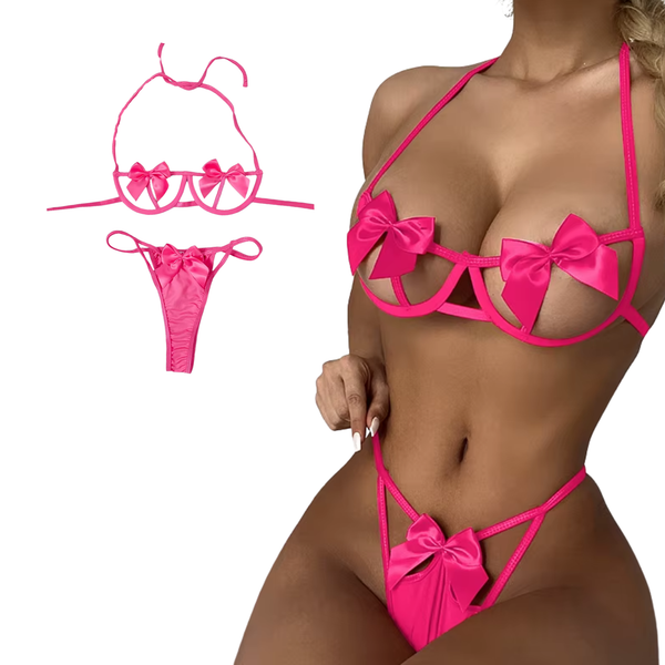 Sexy Dames Lingerieset – Roze - Met Strikken – Tweedelige Lingerie Set - Halter Bralette Met Strikjes - String - Ondergoed Voor Vrouwen - Maat XXL / 2XL