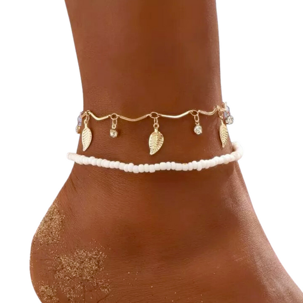 Set van 2 Enkelbandjes - Goudkleurig - 2 Stuks - Diamantjes & Blaadjes - Kraaltjes - Enkelbanden - Enkel Sierraad - Cadeau Dames