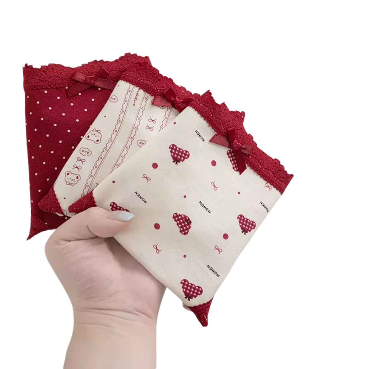 3 Pack - Schattige Dames Slip - Rood & Wit - Teddybeer Design - Kant met Strikje - Onderbroek 95% Katoen - Cute Dames Lingerie / Ondergoed Set - Maat L