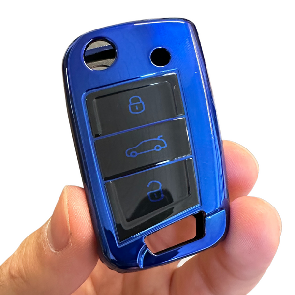 Zachte TPU Sleutelcover - Sleutelhoesje Geschikt voor Volkswagen Golf / Tiguan - Seat Leon / Ateca / Ibiza - Skoda Kodiaq / Octavia / Karoq - Metallic Donkerblauw - Flexibele Sleutel Cover - Zacht Hoesje - Auto Accessoires