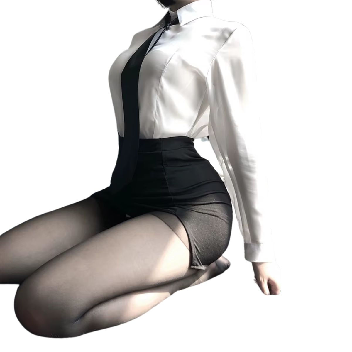 Sexy Secretaresse Kostuum - 4-delig Zwart-Wit Verkleedpakje - Blouse, Stropdas, Rok en String - Secretaresse / CEO / Baas / Docent / Lerares - Rollenspel / Cosplay - Lingerie Ondergoed voor Dames - Maat S/M