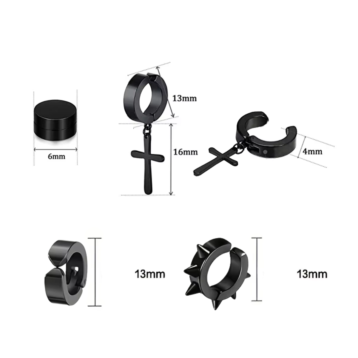 Set van 5 Paar - Fake Oorbellen Zwart - Stainless Steel - Nep Piercing - Klem Oorbellen Oorpiercing - Nep Helix - Spikes & Kruis - Metaal