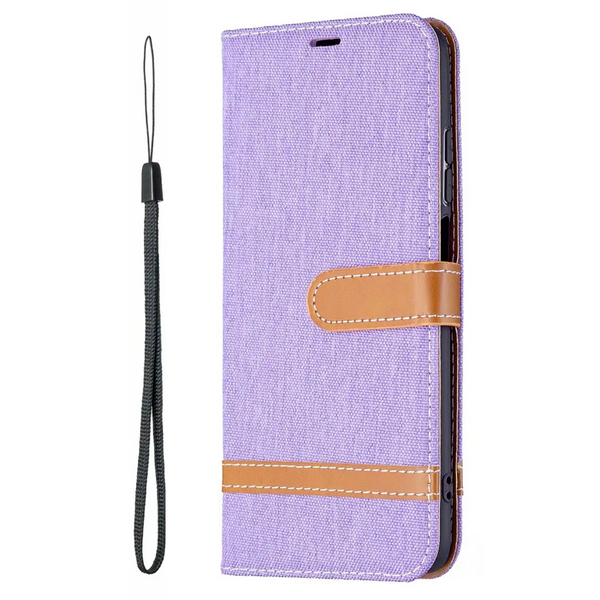Hoesje Denim Look - Geschikt voor Samsung Galaxy A34 5G - Portemonnee Book Case Paars - Boekje Met Kaarthouder / Pasjeshouder en Magneetsluiting - Booklet Beschermhoes - Boekhoesje met Draagkoord - Mapje