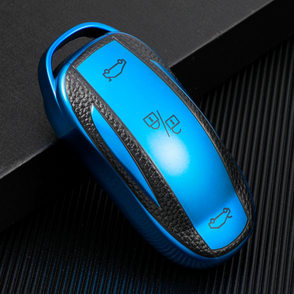 TPU Sleutelcover - Sleutelhoesje Geschikt voor Tesla Model 3 / Model S / Model Y - Blauw en Zwart Leer - Flexibele Sleutel Cover - Zacht Hoesje - Auto Accessoires