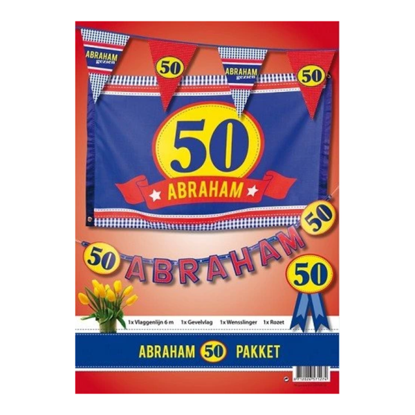 Abraham Feest Pakket - Vlaggenlijn, Gevelvlag, Rozet & Slinger - Man 50 Jaar - Verjaardag - Feestspullen / Feestdecoratie / Versiering - Vlaggetjes / Vlag - Set van 4