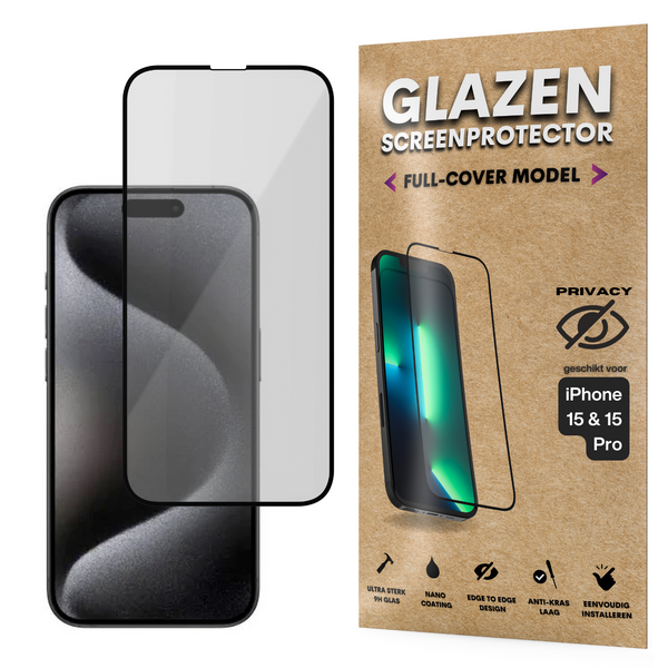 Privacy Screenprotector - Geschikt voor iPhone 15 / 15 Pro - Gehard Glas - Full Cover Tempered Privacy Glass - Case Friendly