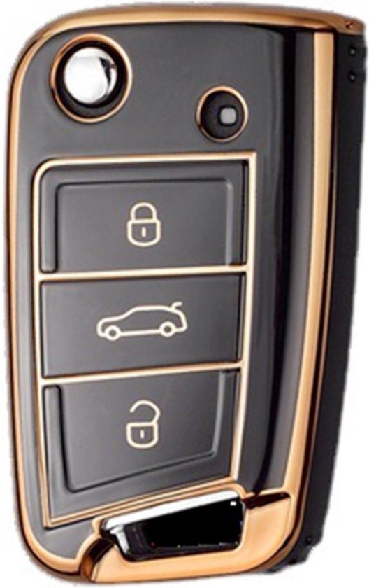 Zachte TPU Sleutelcover - Zwart Metallic - Sleutelhoesje Geschikt voor Volkswagen Golf / Tiguan - Seat Leon / Ateca / Ibiza - Skoda Kodiaq / Octavia / Karoq - Sleutel Hoesje Cover - Randen Goud - Auto Accessoires