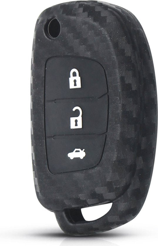 Zachte Carbon Sleutelcover met Knoppen - Geschikt voor Hyundai - Sleutelhoesje Geschikt voor Hyundai Sonata / Fe / Grandeur / i10 / i20 / iX25 / i30 / iX35 / Solaris / Tucson / Elantra - Siliconen Materiaal - Sleutel Hoesje Cover - Auto Accessoires