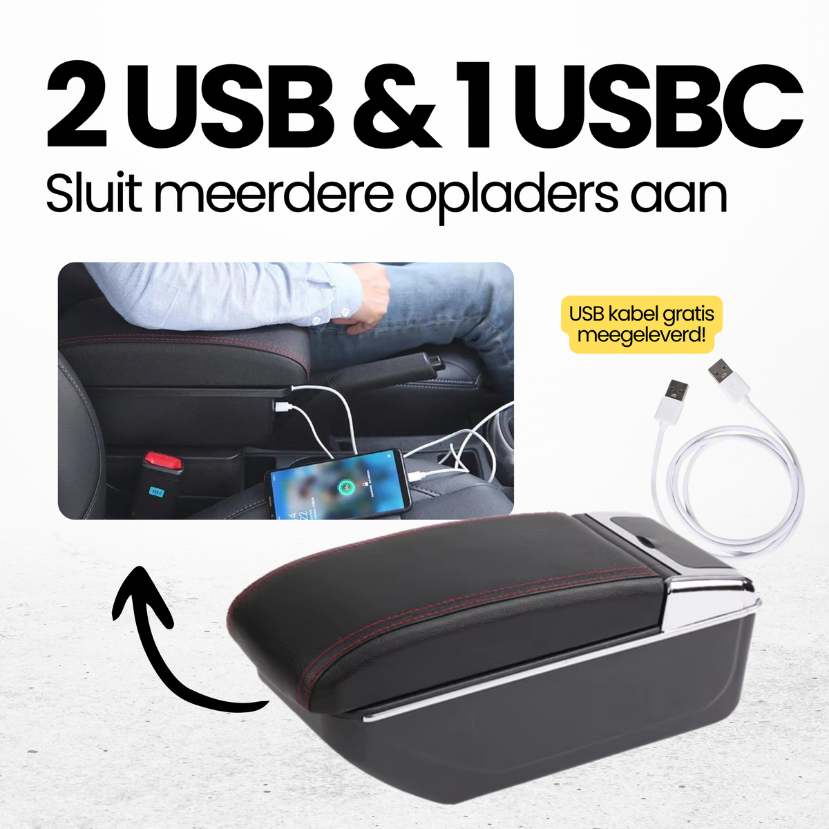 Multifunctionele Armsteun - Geschikt voor Opel Corsa D 2008 - 2020 - 1 USBC & 2 USB Aansluitingen - Opbergvakken - Armleuning - Middenconsole - Bekerhouder